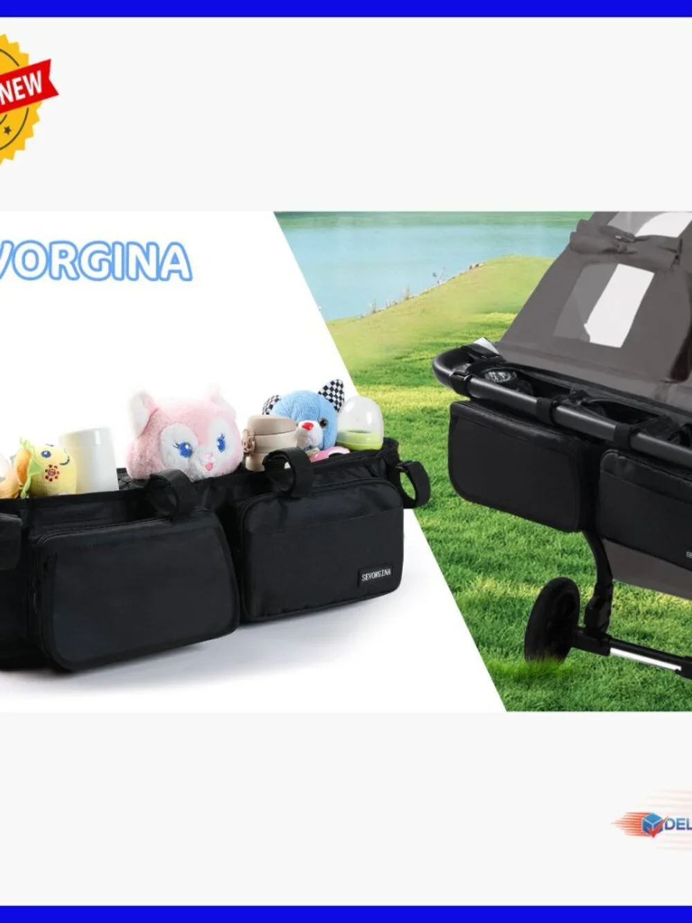 Double Stroller Organizer with 11 Compartments, 2 Insulated Pockets